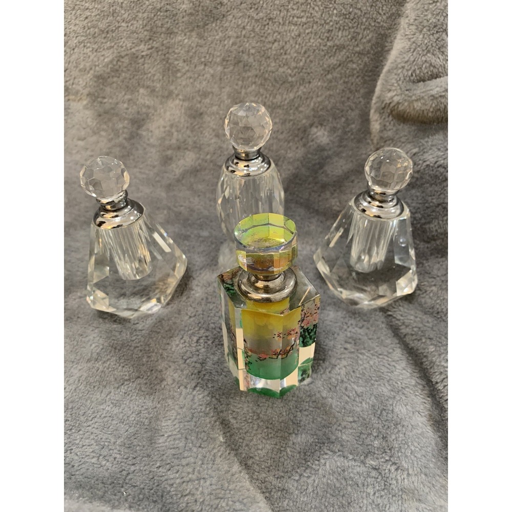 Four Vintage Crystal Perfume Bottles Clear Cut with Faceted Stoppers